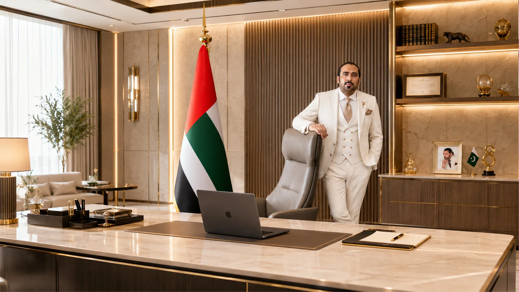 Syed Mudassar Khushnood in his Dubai office with the UAE flag